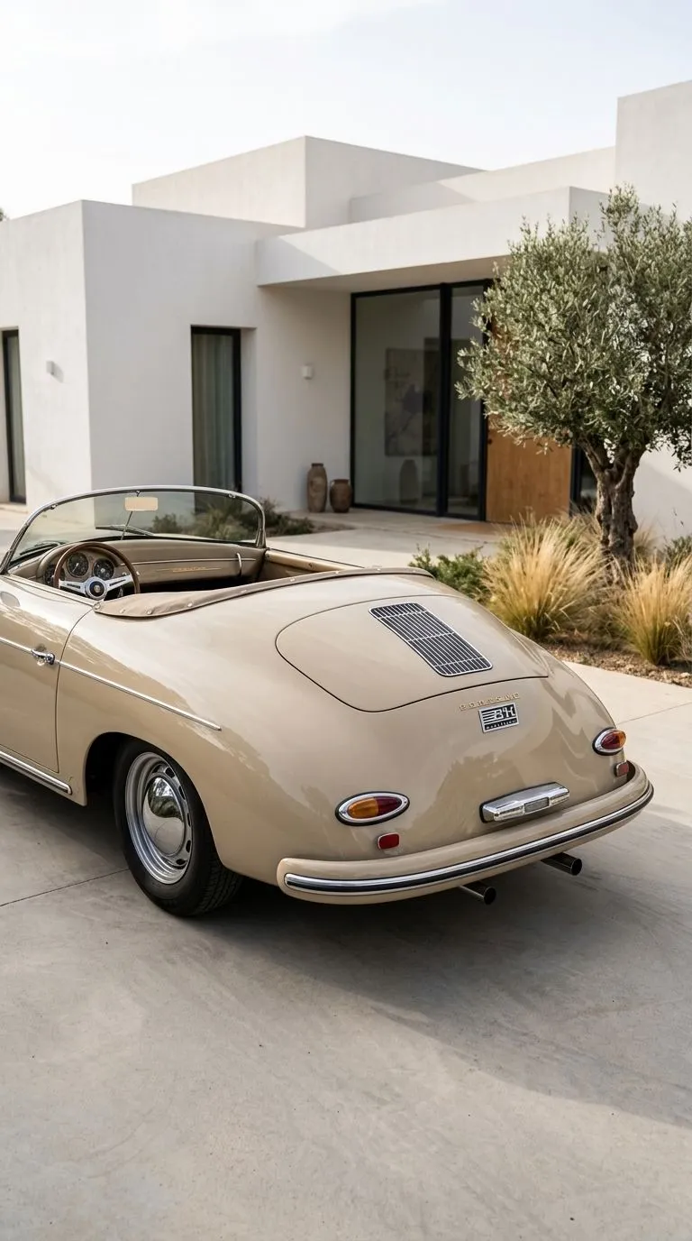 Warm beige B'H Speedster in a rear three-quarter view